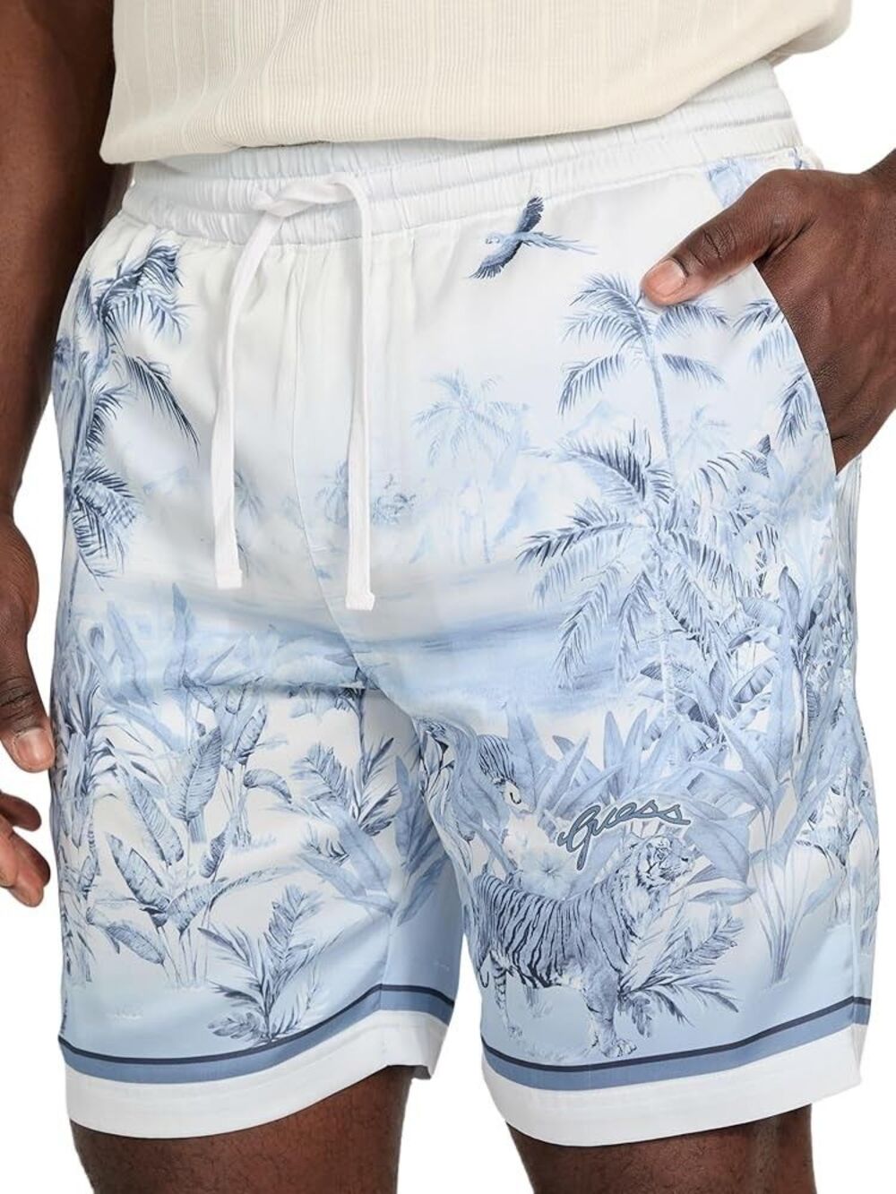 GUESS Shorts Mens Small White Blue Drawstring Big Cat Tropical Paradise Logo